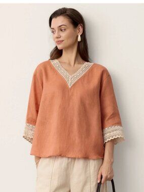 LINTICO 100% Linen Lace Trim V-Neck Top in Orange Size M